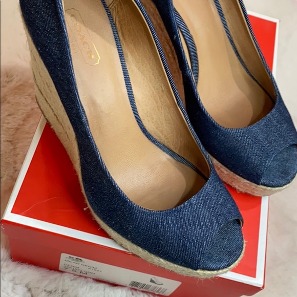 COACH Milan Denim Platform Wedge Peep-toe Sandals - Picture 6 of 7
